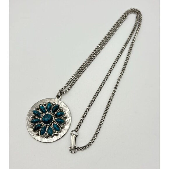 Faux Turquoise Floral Pendant Necklace Silver Tone Flower Power Southwestern - Picture 6 of 6